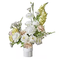 White Vase Floral Arrangement With Pink Yellow White Flowers And Green Leaves