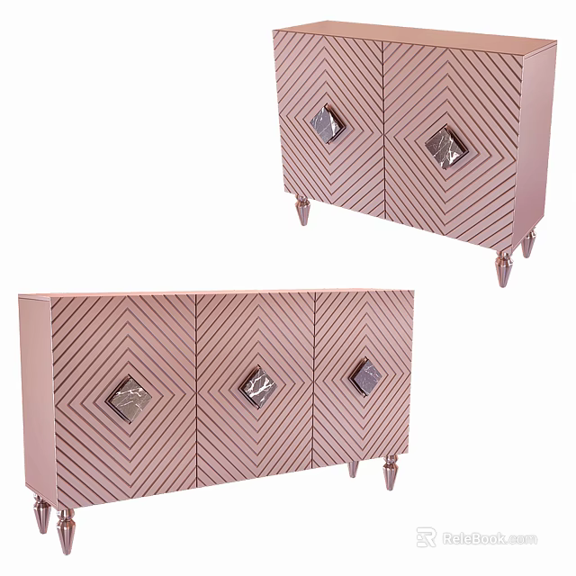 Modern Elegant Console Cabinet And Side Cabinet With Diamond Patterns Decorative Inlays And Metal Legs 3d model 