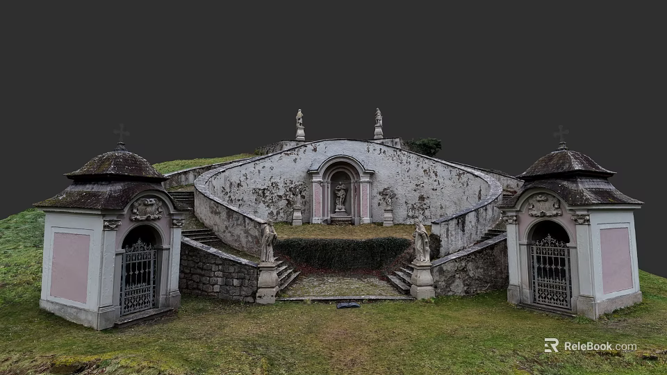 Elegant Sculpture Carving On Ancient Stone Structure With Stairs And Grassy Courtyard 3d model 