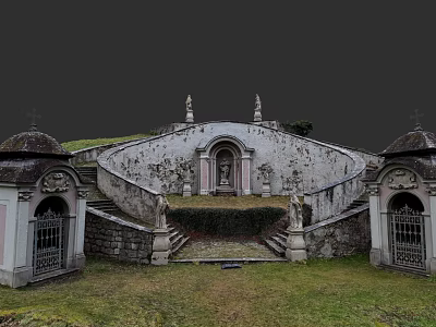 Elegant Sculpture Carving On Ancient Stone Structure With Stairs And Grassy Courtyard 3d model