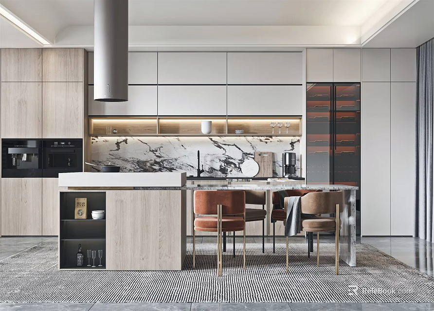 Modern Open Restaurant Interior With Marble Island Counter And Wooden Cabinets 3d model 