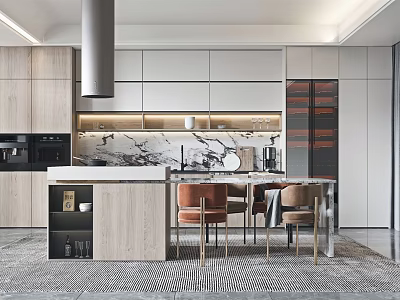 Modern Open Restaurant Interior With Marble Island Counter And Wooden Cabinets 3d model