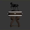 Brown Wooden Side Table With Round Top Drawer And Black Horse Figurine