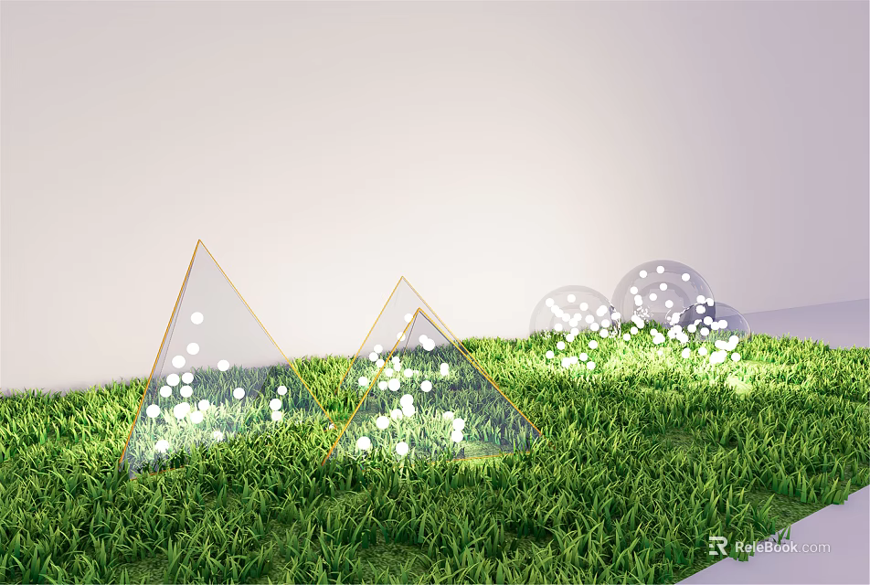 Outdoor Lights with Transparent Triangular and Spherical Shapes Featuring Small White Lights on Green Grass 3d model 