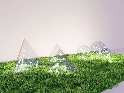Outdoor Lights with Transparent Triangular and Spherical Shapes Featuring Small White Lights on Green Grass 3d model