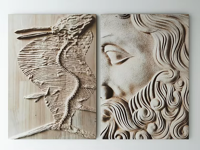 Wooden Carving Artworks With Animal Figure And Human Face Intricate Textures 3d model