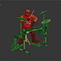 Cartoon Drummer Playing Complete Drum Set With Cymbals Sticks And Stool