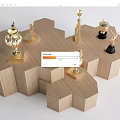 Modern Wooden Hexagonal Display Shelves Showcasing Golden Trophies And Decorative Pieces