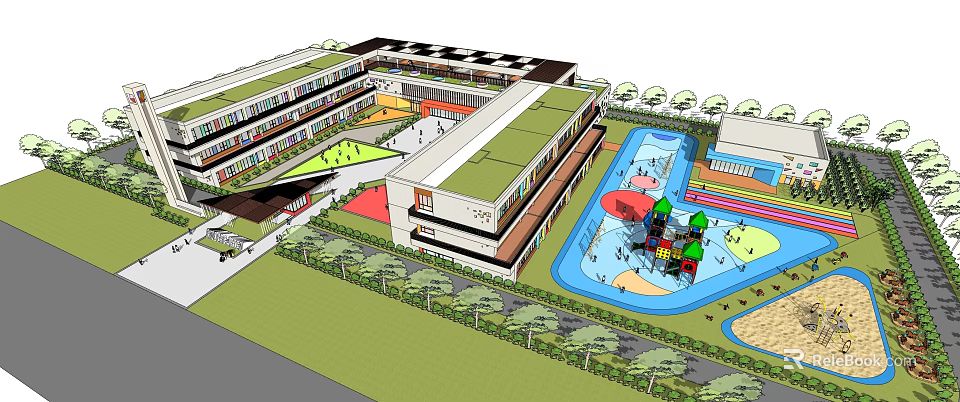 Modern Kindergarten With Outdoor Playground Green Roof And Colorful Activity Areas 3d model 