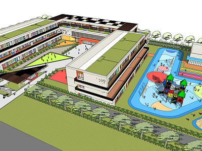 Modern Kindergarten With Outdoor Playground Green Roof And Colorful Activity Areas 3d model