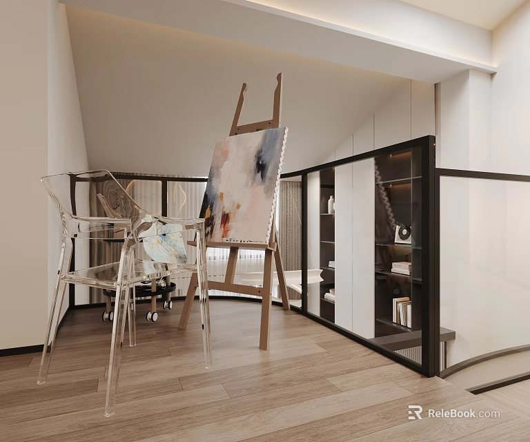 Modern Art Studio Interior With Easel Transparent Chair Bookshelf And Staircase 3d model 