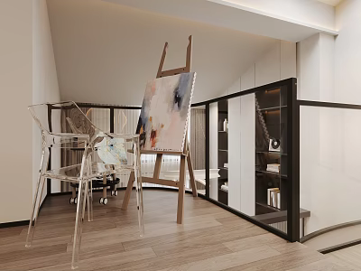 Modern Art Studio Interior With Easel Transparent Chair Bookshelf And Staircase 3d model