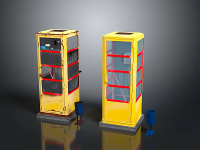 Vintage Yellow Phone Booths With Red Borders And Blue Buckets On Dark Surface 3d model