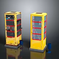 Vintage Yellow Phone Booths With Red Borders And Blue Buckets On Dark Surface