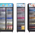 Commercial Upright Glass Door Refrigerators Stocked with Beverages and Top Advertising Posters