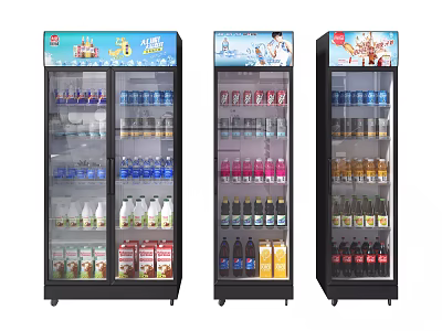 Commercial Upright Glass Door Refrigerators Stocked with Beverages and Top Advertising Posters 3d model