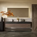 Modern Wooden Bathroom Vanity With Double Faucets Mirror And Decorative Plant