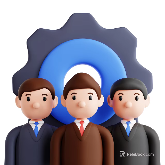 Three Men in Suits with Ties Standing in Front of Gear and Blue Circle Background 3d model 