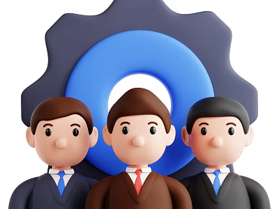 Three Men in Suits with Ties Standing in Front of Gear and Blue Circle Background 3d model