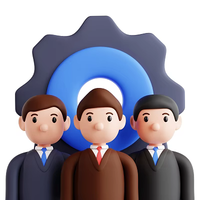 Three Men in Suits with Ties Standing in Front of Gear and Blue Circle Background 3d model