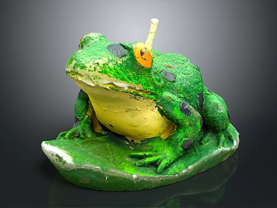 Green Frog Sculpture Sitting On Leaf With Yellow Eyes Black Spots And Candle On Head 3d model