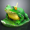 Green Frog Sculpture Sitting On Leaf With Yellow Eyes Black Spots And Candle On Head