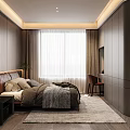 Modern Bedroom Interior Design With Bed Headboard Nightstand Pendant Lamp Curtains And Rug