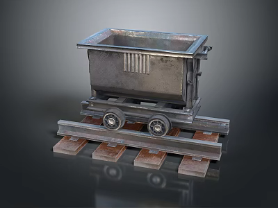 Metal Mine Cart With Wheels On Wooden Rails And Track Structure 3d model