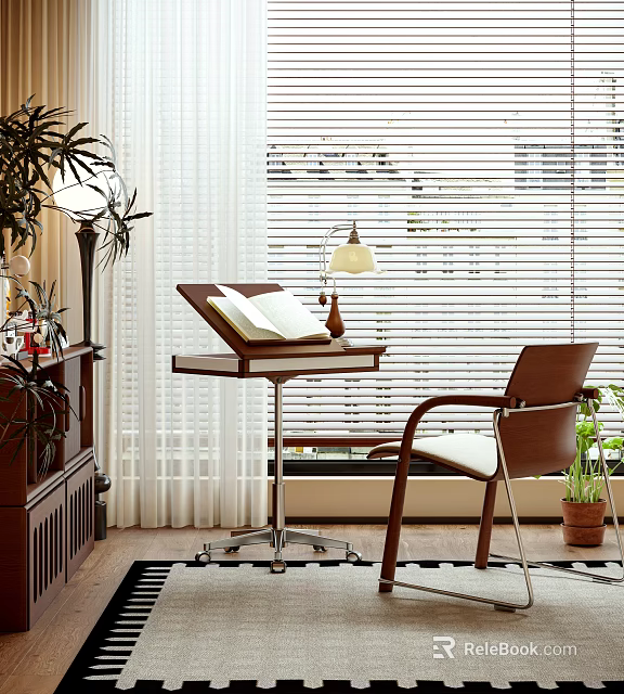 Wooden Shelving Unit With Plants And Decorations In Room With Desk Chair Window Blinds Curtains 3d model 