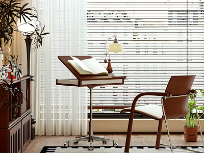 Wooden Shelving Unit With Plants And Decorations In Room With Desk Chair Window Blinds Curtains 3d model