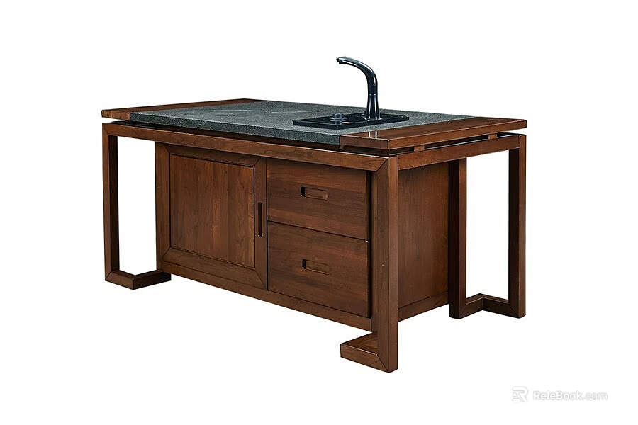 Modern Wooden Tea Table and Chairs with Black Countertop and Storage Drawers 3d model 
