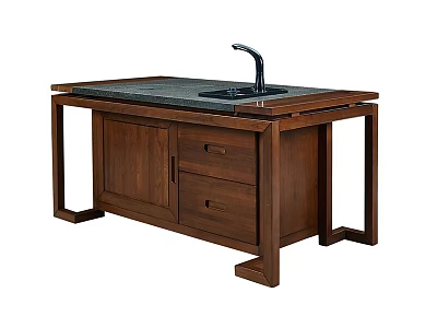 Modern Wooden Tea Table and Chairs with Black Countertop and Storage Drawers 3d model