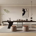 Modern Tea Room Interior Design With Black Long Table Tea Sets Round Stools Hanging Lights 3d model