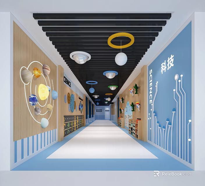 Technology Themed Elevator Hallway With Blue Wooden Walls Round Pendant Lights And Planet Model Decorations 3d model 