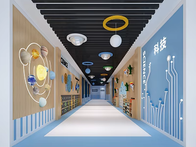 Technology Themed Elevator Hallway With Blue Wooden Walls Round Pendant Lights And Planet Model Decorations 3d model