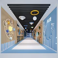 Technology Themed Elevator Hallway With Blue Wooden Walls Round Pendant Lights And Planet Model Decorations