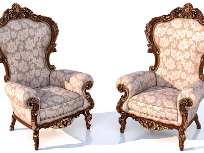 Elegant Classical Style Armchairs With Carved Wooden Frames And Floral Fabric 3d model
