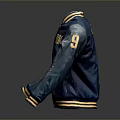 Stylish Dark Blue Jacket With Yellow IMM Lettering Leather Sleeves And Striped Trim
