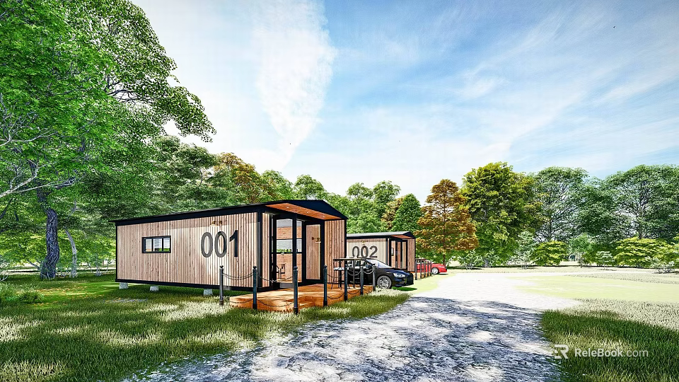 Wooden Cabin Guesthouse 001 002 Surrounded by Green Trees with Front Gravel Path Car Parked 3d model 