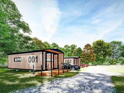 Wooden Cabin Guesthouse 001 002 Surrounded by Green Trees with Front Gravel Path Car Parked 3d model