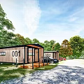 Wooden Cabin Guesthouse 001 002 Surrounded by Green Trees with Front Gravel Path Car Parked