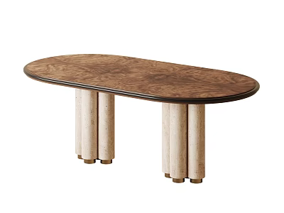 Oval Wooden Top Dining Table With Four Cylindrical Beige Legs Design 3d model