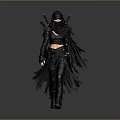 Woman in Black Ninja Style Outfit With Hooded Mask Swords on Back and Tattered Edges