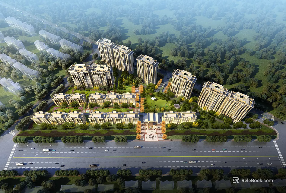 Aerial Planning of Residential Community With High Rise Low Rise Buildings Green Spaces Roads and Trees 3d model 