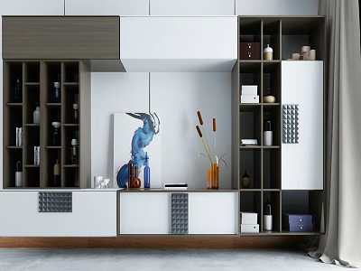 Modern Wooden White TV Stand with Storage Shelves Blue Sculpture and Reed Vase 3d model