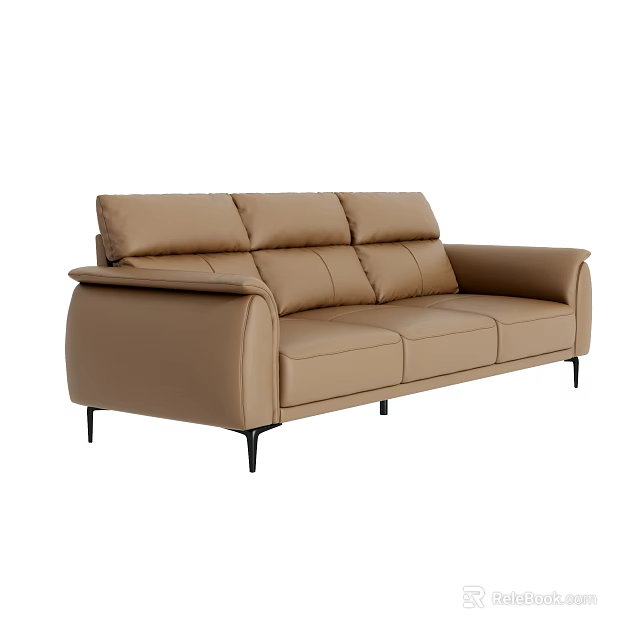 Three Seater Brown Leather Sofa With Modern Design And Black Metal Legs 3d model 
