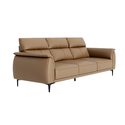 Three Seater Brown Leather Sofa With Modern Design And Black Metal Legs 3d model