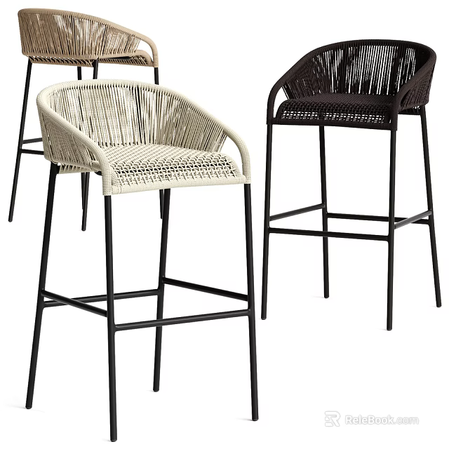 Woven Beige and Brown Bar Stools with Black Metal Legs and Curved Backrests 3d model 