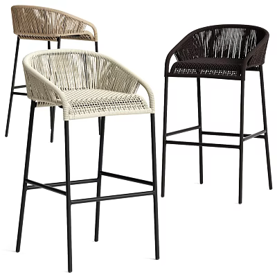 Woven Beige and Brown Bar Stools with Black Metal Legs and Curved Backrests 3d model