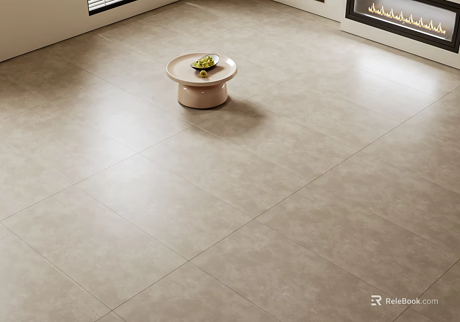 Light Gray Floor Tiles in Modern Interior with Round Table Fruit and Fireplace 3d model